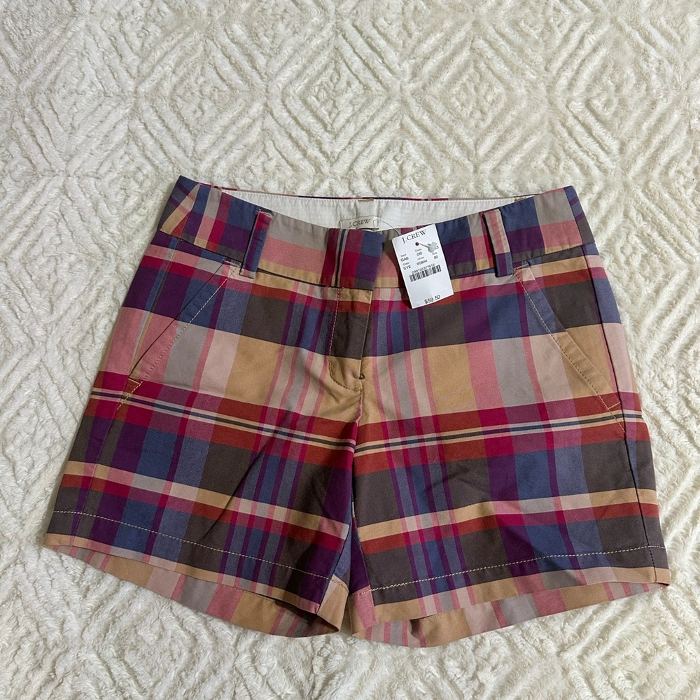 J. Crew Multicolor Plaid Cotton Shorts - Burgundy, Navy, Tan